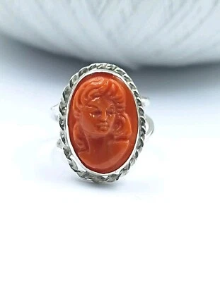 Anello Cameo vero corallo Antico Rosso Di Sardegna Argento 925 Oro Bianco Cammeo - Immagine 1 di 4