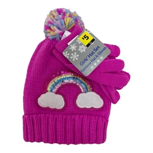 Conjunto de sombrero para niña multicolor lentejuelas arco iris sombrero y guantes hilo pompón nubes cálido - Imagen 1 de 2