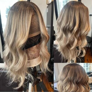 Preplucked Human Hair Wig Medium Brown Blonde Highlights Lace Frontal Wavy Wig - Picture 1 of 10
