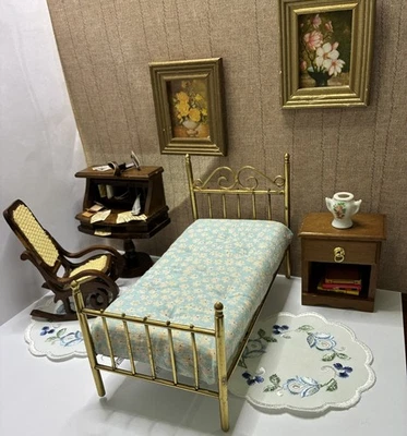 Vintage 1:12 Dollhouse Bedroom Set- Brass Bed Nightstand Desk Rocker Accessories - Image 1 of 4