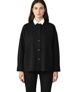 B0 Auth EILEEN FISHER Black Organic Cotton Patch Pockets Collarless Jacket Sz M - Picture 1 of 7