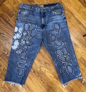 Akademiks Y2K Vintage Bleached Cut-Off Capri Jeans Woven Patchwork Graffiti Gr. 40 - Bild 1 von 14
