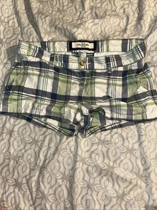 VTG ABERCROMBIE Fitch Y2K Blue Green White Plaid Shorts Low Rise Moose  Girls 14 - Picture 1 of 3