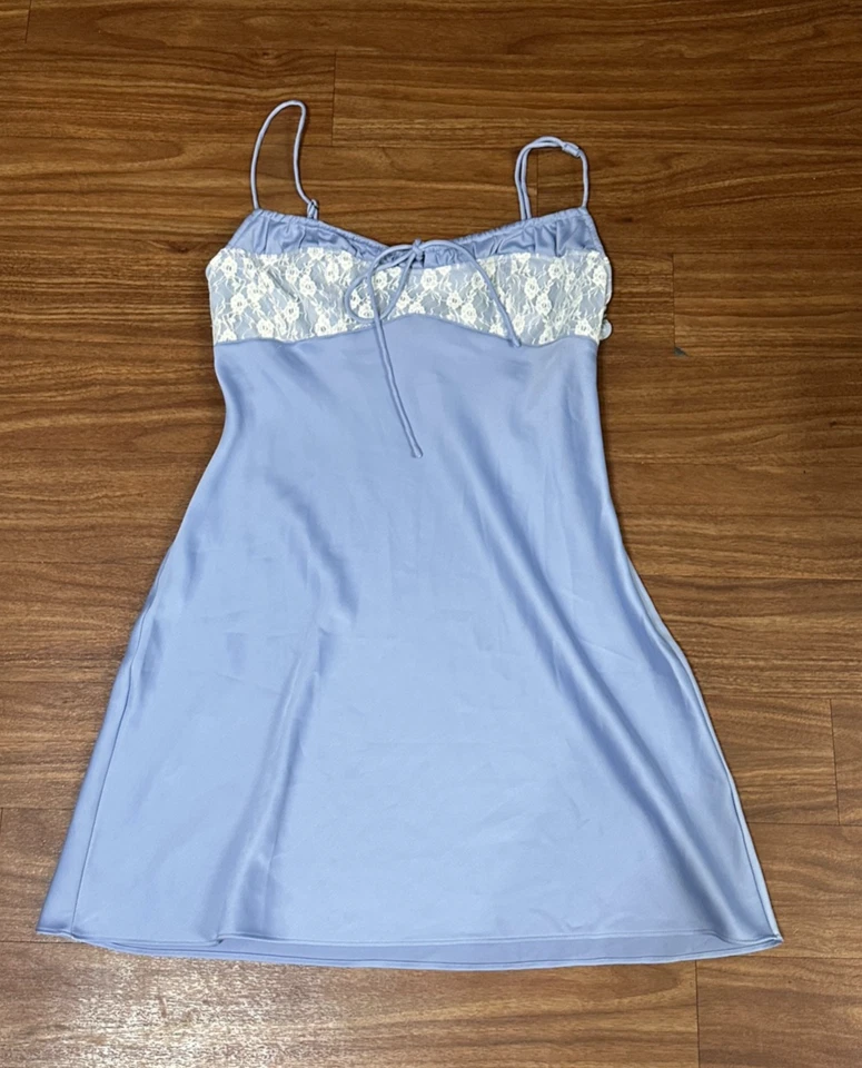 Urban Outfitters Flirty Baby Blue Satin Lace Slip Dress Coquette Size M - Image 1 of 4