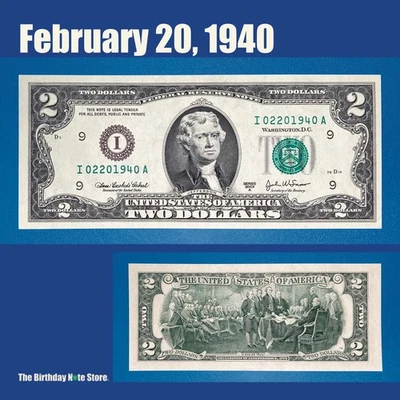 February 20, 1940 Birthday Anniversary $2 Two Dollar Bill Serial Number 02201940 - Image 1 of 2