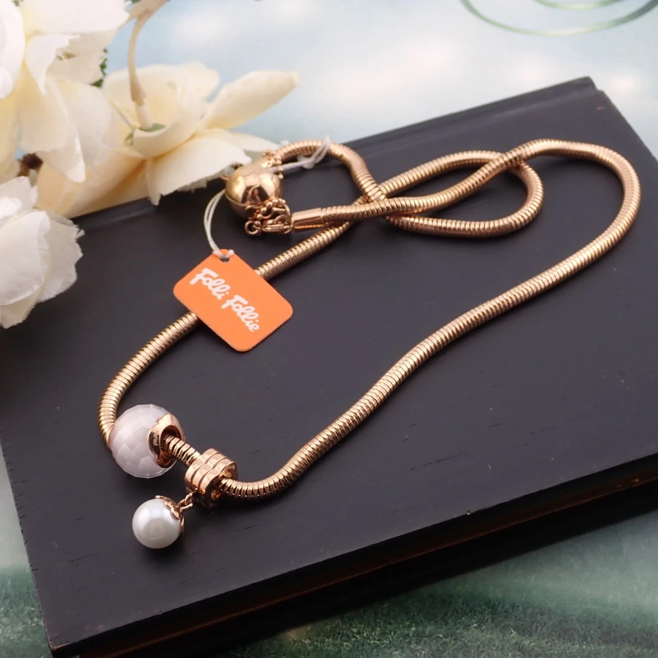 Colar Berloque Folli Simulado Pérola Cristal Tom Dourado Corrente de Cobra Slide - Imagem 1 de 4