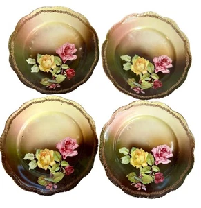 Set 4 antike handbemalte Porzellan Teller Rosen Goldrand 7" 19. Jh. viktorianisch - Bild 1 von 7