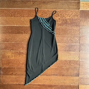 Vtg Y2K Asymmetrical Cocktail Dress Strappy Sleeve Sz L Blk Mesh Ruffle Fairy - Picture 1 of 18
