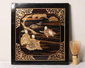 Japanese Lacquer Wall Hanging Panel Gold Landscape & Buddhist Monk Meiji Era 2 - Picture 1 of 18