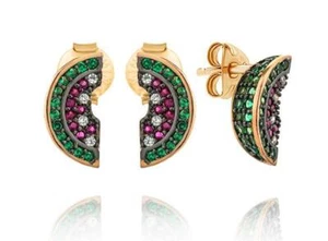 Aretes de sandía 3D pavé de zafiro arco iris de plata de ley de oro rosa regalo - Imagen 1 de 1