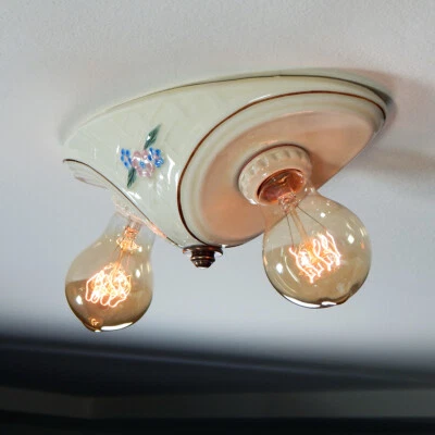 Restored Vintage Porcelain Flush Mount Ceiling Light Fixture - Image 1 of 4