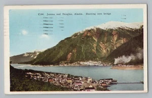 Juneau & Douglas Alaska AK Stadtansicht Neue Brücke weiße Grenze Postkarte 1944 - Bild 1 von 2