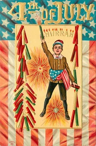 Geprägte Postkarte 4. Juli P Schleifer 444 Little Boy amerikanische Flagge Cumberbun - Bild 1 von 2
