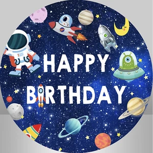 SPACE PLANETS MOON ROCKETS ASTRONAUTS ALIENS SAUCERS PARTY ROUND BIRTHDAY BANNER - Picture 1 of 2