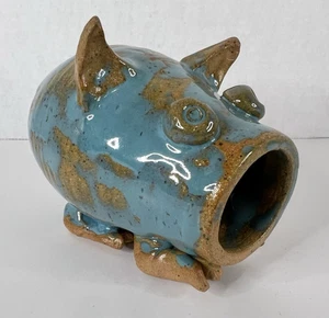 Keramik Sparschwein glasiert blau & erdfarbene Farben 3" T x 5,75" L x 2,75" B kein Korken - Bild 1 von 11