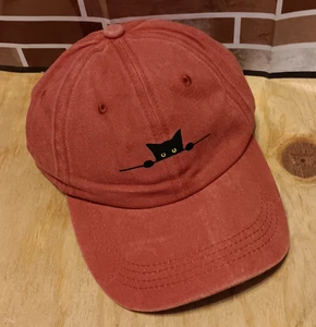 Tangerine Baseball Cap New Black Cat Peeking @You Adjustable No Tags Kitty Hat - Picture 1 of 2