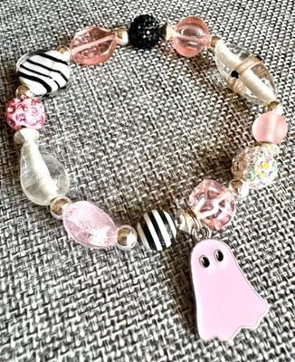 New Halloween Beaded Adult Size Bracelet w/ Pink Ghost Charm - 7.5” - Image 1 of 4