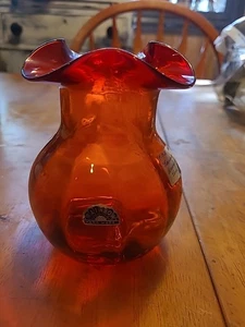 Vintage 1960s MCM Rainbow Art Glass's Amberina Crackle Glass Vase STICKER LABEL - Picture 1 of 12