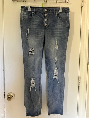 Jeans skinny feminino quase famoso tamanho 13 azul claro jeans aparência rasgada - Imagem 1 de 3