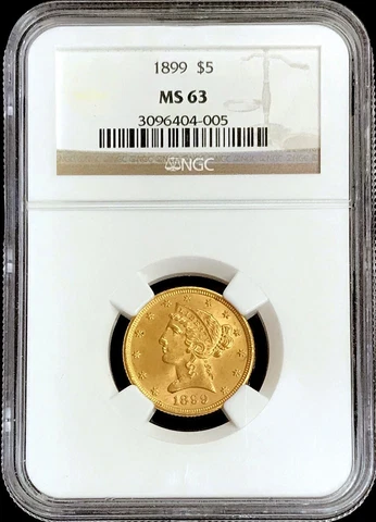 1899 GOLD USA $5 DOLLAR LIBERTY HEAD HALF EAGLE COIN NGC MINT STATE 63 Cover