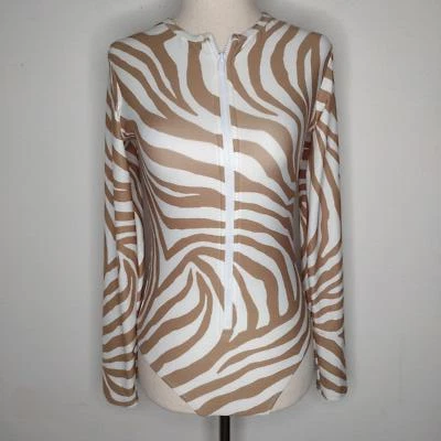 Maiô feminino Michael Kors branco/castanho/manga longa peça única novo sem etiquetas tamanho 10 - Imagem 1 de 4