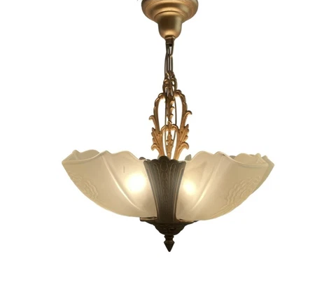 Antique Vintage c1930s Cast Iron Art Deco Slip Shade Chandelier Gold Restored Cover