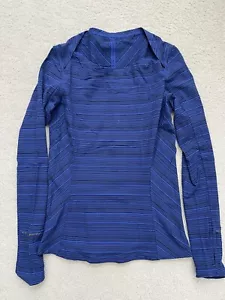 Lululemon Blue Stripe Long Sleeve Zip Pocket Thumb Holes Fitted Shirt Size 10 - Picture 1 of 3