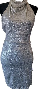 Gianni Bini Dress Sequin High Collar Neck Open Back Champagne Mini Sz 6 NWT - Picture 1 of 7