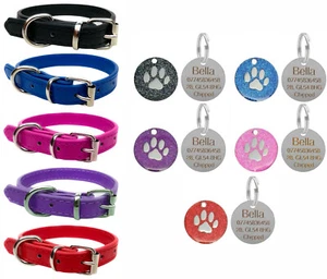 Vibrant Leather Dog Collar for Puppy, Dogs & Personalised Glitter Paw Print Tag - Picture 1 of 12