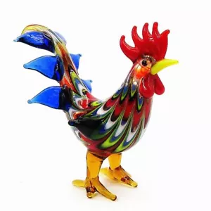 Rooster Figurine Colorful Hand Blown Glass Cock Small Statue Xmas New Year Gift - Picture 1 of 16