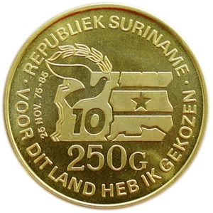 SURINAME Gold 250 Gulden 1985 BU '5th Anniversary of Revolution' - Picture 1 of 2