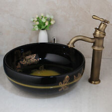 Bathroom Ceramic Basin Bowl Vessel Sink Antique Brass Mixer Faucet Drain Combo