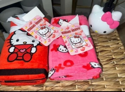 Hello Kitty 4 valentines towels and soap dispenser new pink red - Image 1 of 4