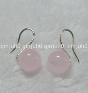 10mm Natural Pink Rose Quartz Round Gemstone Beads Silver Hook Earrings - Picture 1 of 6