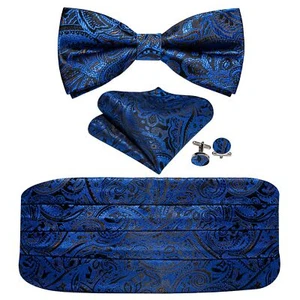 Men’s Cummerbund Bow Tie Set Silk Paisley Pre-Tied Bowtie with Pocket Square - Picture 1 of 5