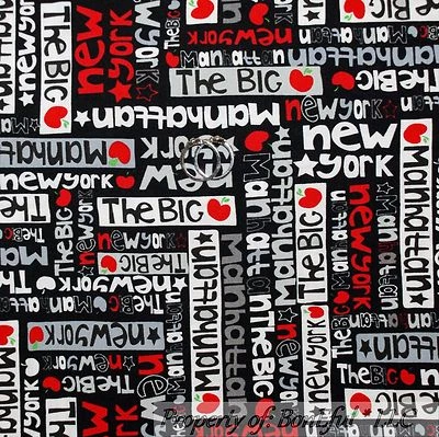 BonEful Fabric FQ Cotton Quilt Black Red Gray B&W New York City Word Little Star - Image 1 of 4