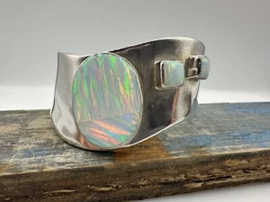 Vintage Sterling Silver Mexico 925 Bezel Set Lab OPAL Cuff Bracelet - Picture 1 of 9