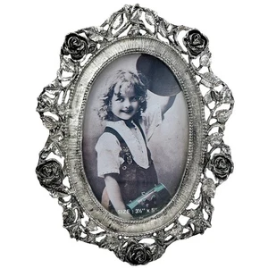 Vintage Matson Oval Picture Frame Roses Easel Pewter Silver Tone Ornate 3.5"x5" - Picture 1 of 14