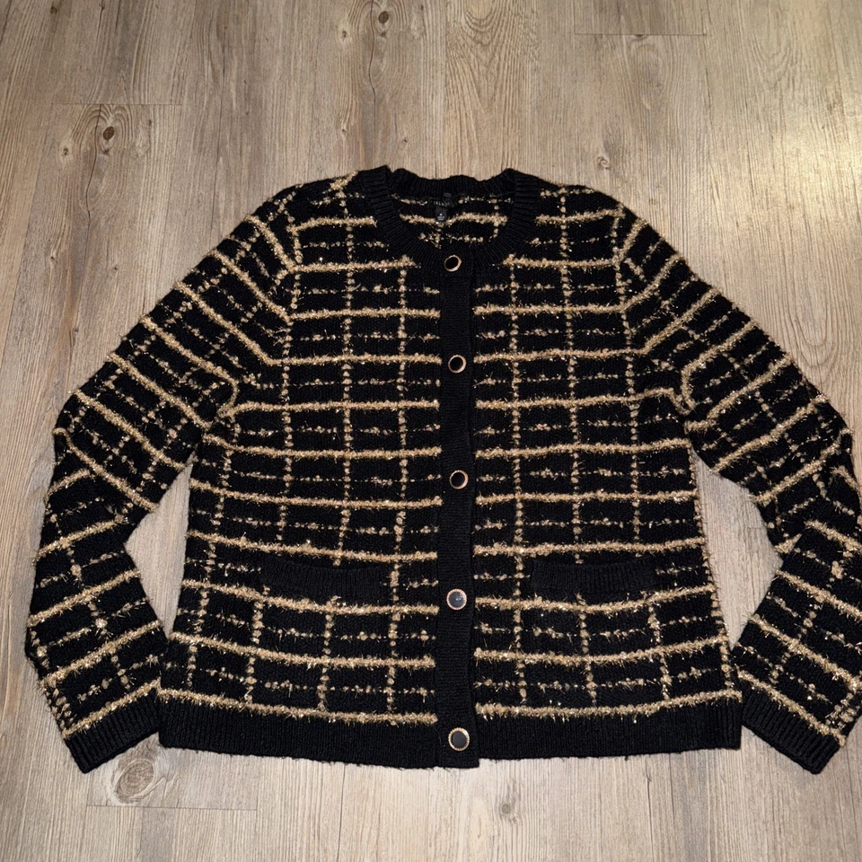 Cárdigan Suéter Talbots Negro Metálico Dorado Botón Lana Algodón Talla Mediana Nuevo Foto 1 de 4