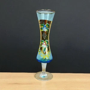Vintage Bohemian Czech Republic Glas Blau Gold Floral Emaille Fuß Knospe Vase - Bild 1 von 19