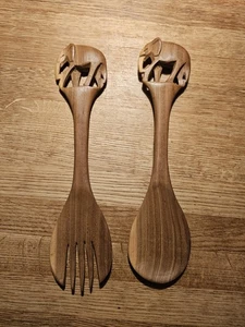 Vintage Hand Carved African Elephant Wooden Salad Serving Spoon Set 12in / 30cm - Picture 1 of 2