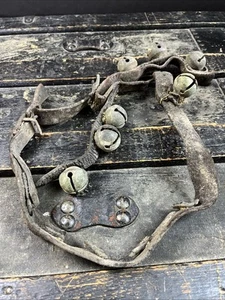 Antique 7 Cascading Sleigh Bells Graduating On Leather Belt Strap Horse Sleigh - Picture 1 of 9