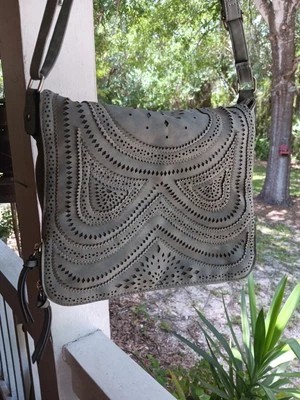 Unbranded Faux Suede  Crossbody Satchel  Blueish Gray Laser Cut Out Medium - Image 1 of 4