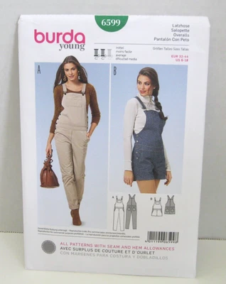 Burda Young 6599 Semi-Fitted Short or Long Overalls Misses' 6-18 Pattern Uncut - Image 1 of 2