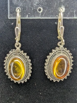 Signed Boma vintage 925 sterling silver Round Baltic amber tribal drop earrings - Image 1 of 4