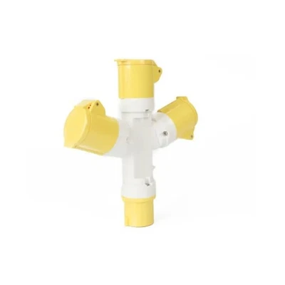 3 Way 110V Industrial Splitter Connector. IP44 16A 2P+E Yellow Camping Caravan - Image 1 of 3