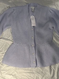 light purple (lilac) ribbed peplum cardigan with pearl-style buttons Sz L - Picture 1 of 16