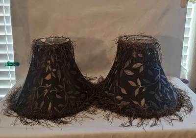 Pair Decorative Lamp Shades 10” Bell Shape Fringe Trim Brown Leaf Pattern - Image 1 of 4