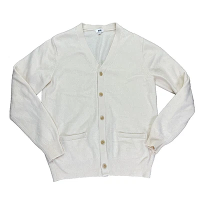 Cárdigan suéter de lana Uniqlo cuello en V marfil para hombre mediano Foto 1 de 4