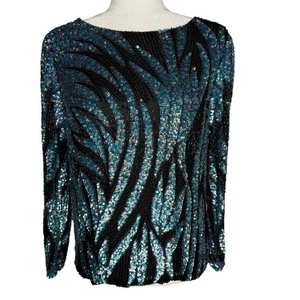Vintage Oleg Cassini Blouse Small Beaded 100% Silk Formal Long Sleeve Evening - Picture 1 of 8